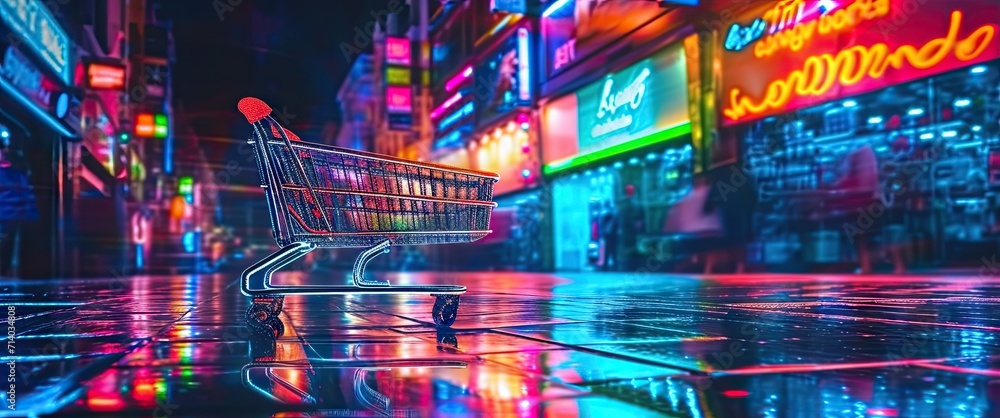 Store shopping experience illuminated by neon lights in business marketing scene with customers using carts to buy in supermarket sale commerce background merging technology and basket concept modern Store shopping experience illuminated by neon lights in business marketing scene with customers using carts to buy in supermarket sale commerce background merging technology and basket concept modern