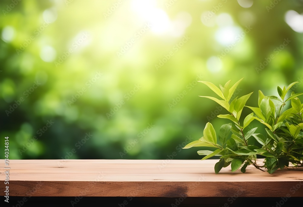 empty wooden table top with green garden and blur leaf plant background empty wooden table top with green garden and blur leaf plant background