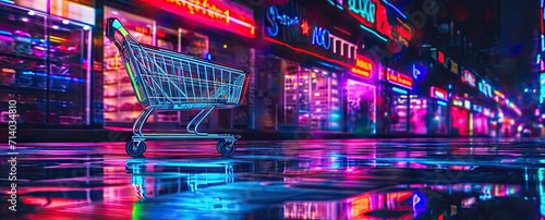 Store shopping experience illuminated by neon lights in business marketing scene with customers using carts to buy in supermarket sale commerce background merging technology and basket concept modern