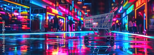 Store shopping experience illuminated by neon lights in business marketing scene with customers using carts to buy in supermarket sale commerce background merging technology and basket concept modern photo