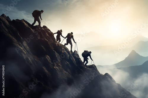 Group of climbers climbing to the top of the mountain. Elements of this image furnished by NASA