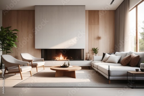 Interior home design of modern living room with wooden table sofa and partially wooden concrete wall with fireplace