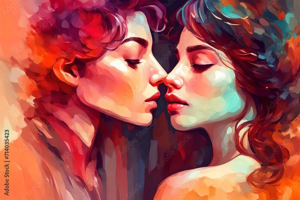 Passionate kiss between charming handsome lovers. Colorfull image of loving couple. Cropped close up profile. Digital art in the style of a painted picture. Illustration for cover, card  