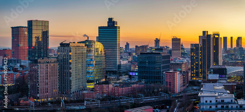 Panoramic view of Manchester skyline at Twilight