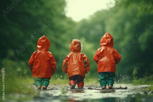 A group of happy children are seen playing in nature, wearing rain boots and waterproof clothing, jumping and splashing in the muddy ground | Exploring Nature with Galoshes and Raincoats