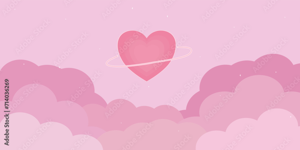 Heart-shaped planet background in the pink sky Among the clouds of love. Vector illustration, starlight.