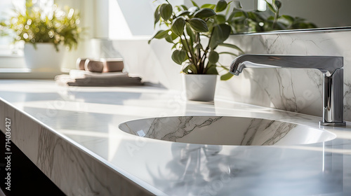 close up of blank empty space on white marble vanity unit counter top with wash basin, faucet and mirror in an exotic style bathroom.
