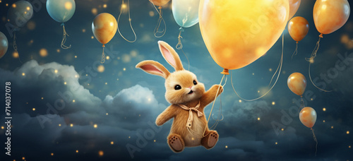 Showcase the baby rabbit flying with balloons against a moonlit sky, with stars and constellations illuminating the celestial backdrop