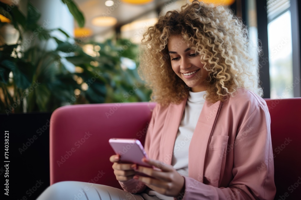 young millennial woman sitting in soft chair using smartphone. ai generated young millennial woman sitting in soft chair using smartphone. ai generated