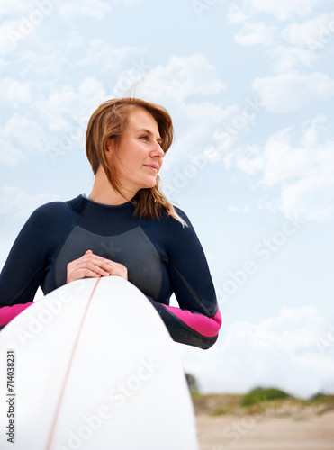 Photography Surfer, woman and view on beach with surfboard, vacation and adventure for fitness and travel
