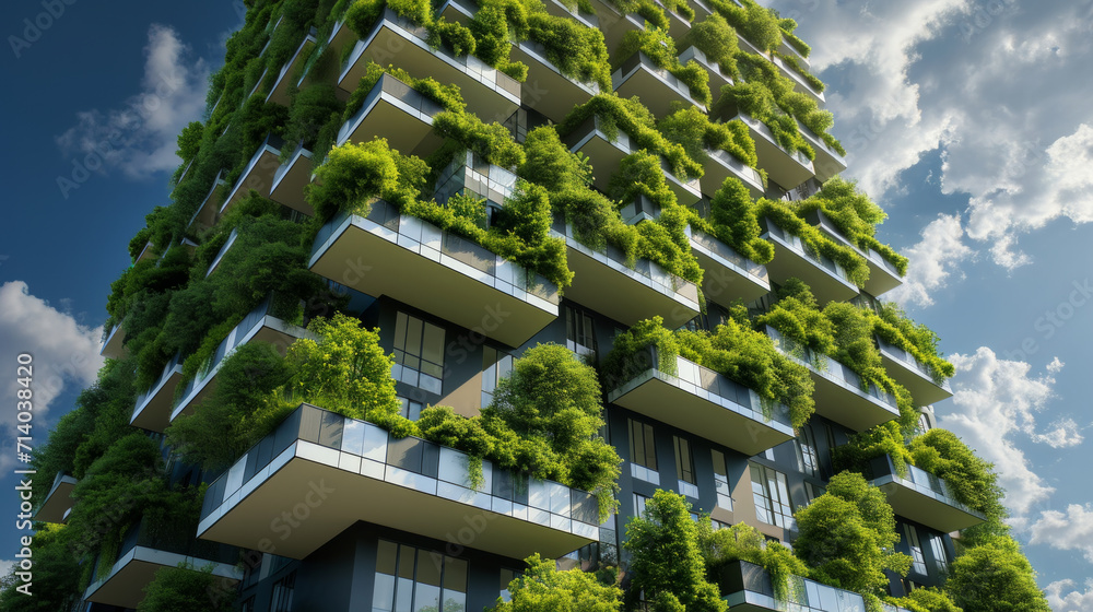 Verdant vertical living: An eco-friendly apartment building rising into blue skies