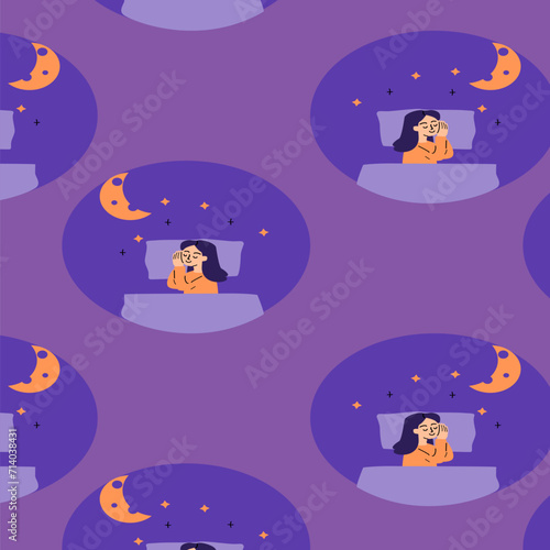 sleeping woman in bedtime seamless pattern. Vector illustration can used for wrapping paper, textile. 