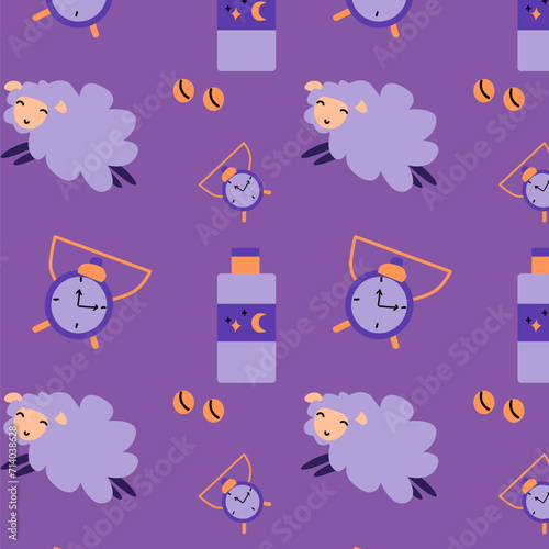 cartoon sheep and alarm, pills for sleep vector background. Vector illustration isolated. Suitable for textile, wrapping paper, poster. 