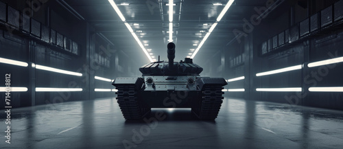 Futuristic military tank poised in a stark, illuminated hangar, ready for deployment photo