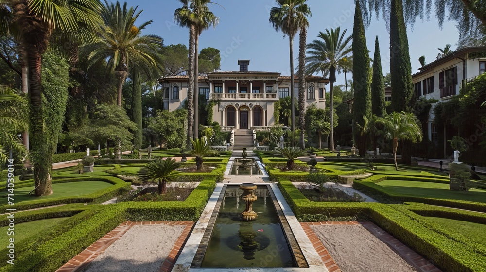  Surrounding the mansion, there are well-manicured gardens and pathways, creating a sense of luxury and sophistication. The estate is often shown during important family events and gatherings