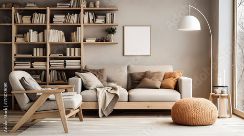 Warm and cozy interior of living room space with brown sofa, pouf, beige carpet, lamp, mock up poster frame, decoration, plant and coffee table. Cozy home decor. Template. © Bouchra