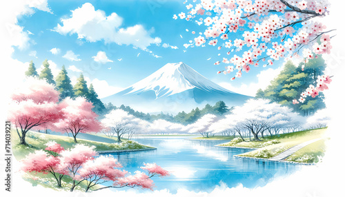 富士山と桜。日本の春のイメージ。画像生成AI。