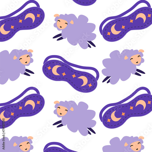 cartoon sheep and sleeping mask vector background. Vector illustration isolated. Suitable for textile, wrapping paper, poster. 