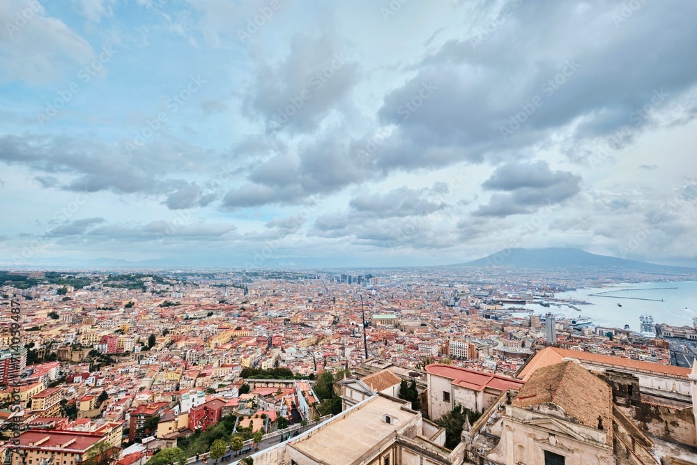 Panorama of Naples, view of the port in the Gulf of Naples and Mount Vesuvius. The province of Campania