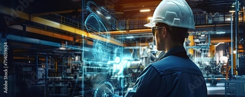 Technology in industrial construction with engineer businessman at work modern factory setting digital equipment safety helmet production building architect communication future automation network photo