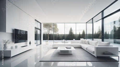 Interior of modern white living room panorama