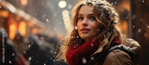 A woman stands in the winter street, her human face adorned with a vibrant red scarf that matches her jacket, exuding confidence and style in this outdoor portrait
