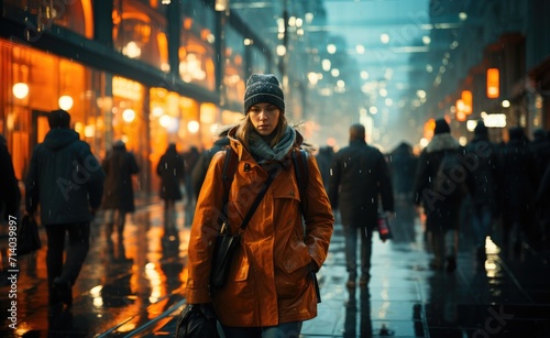 A lone figure braves the cold night, her hat and coat shielding her from the biting wind as she walks along the snow-covered sidewalk, passing by a tall building and a few other people on the street