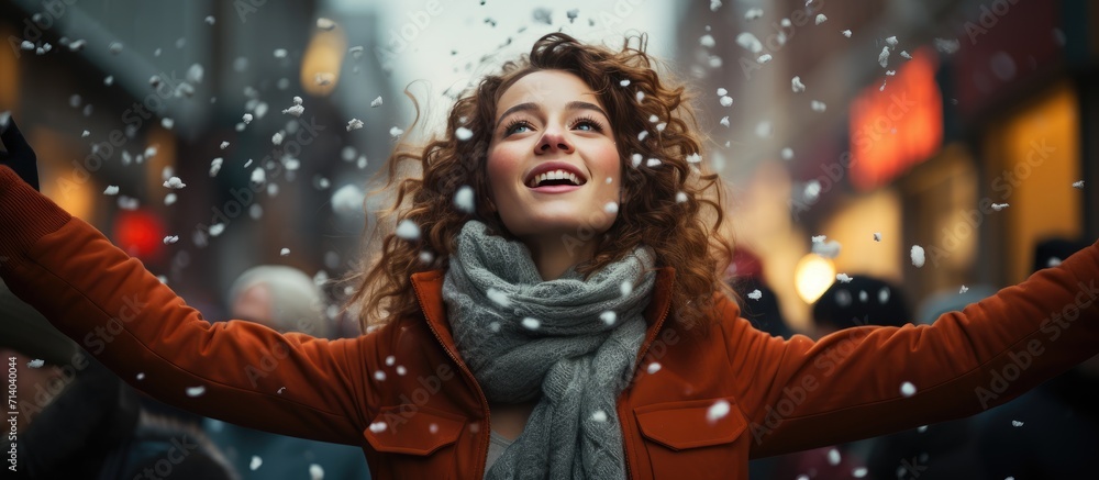 A joyful woman in a vibrant red coat and scarf playfully throws snow, her beaming smile contrasting against the chilly winter backdrop