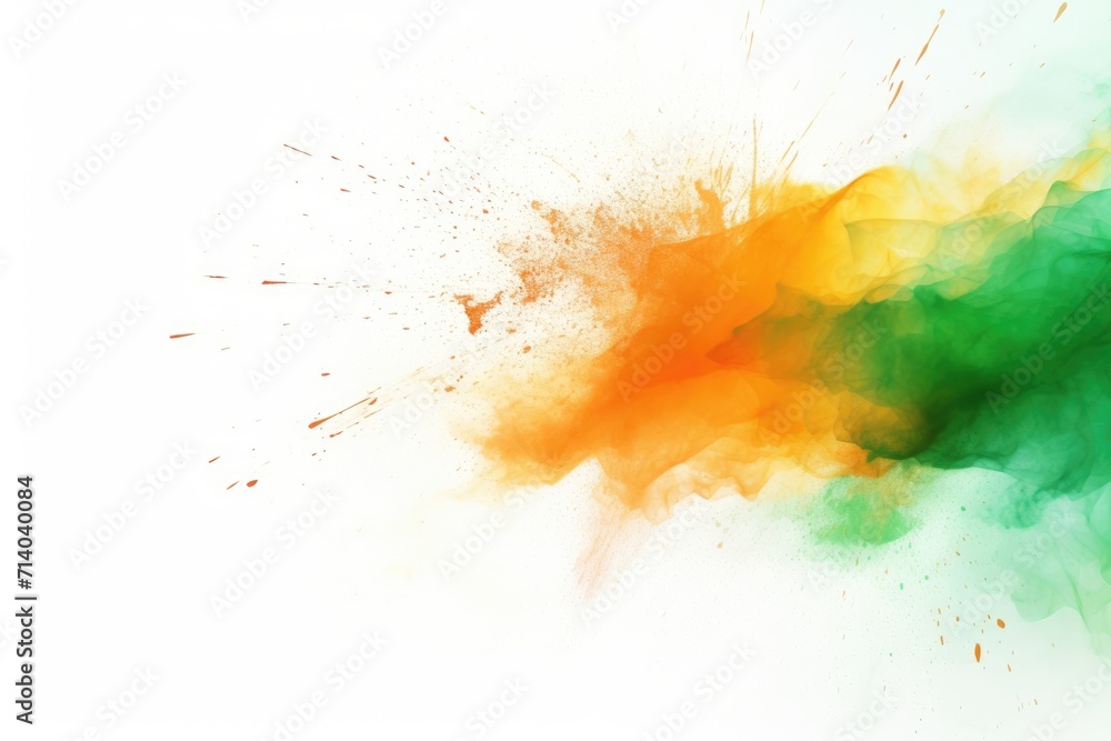Happy India Independence Day! Orange and Green Powder Splash with Indian Flag Colors