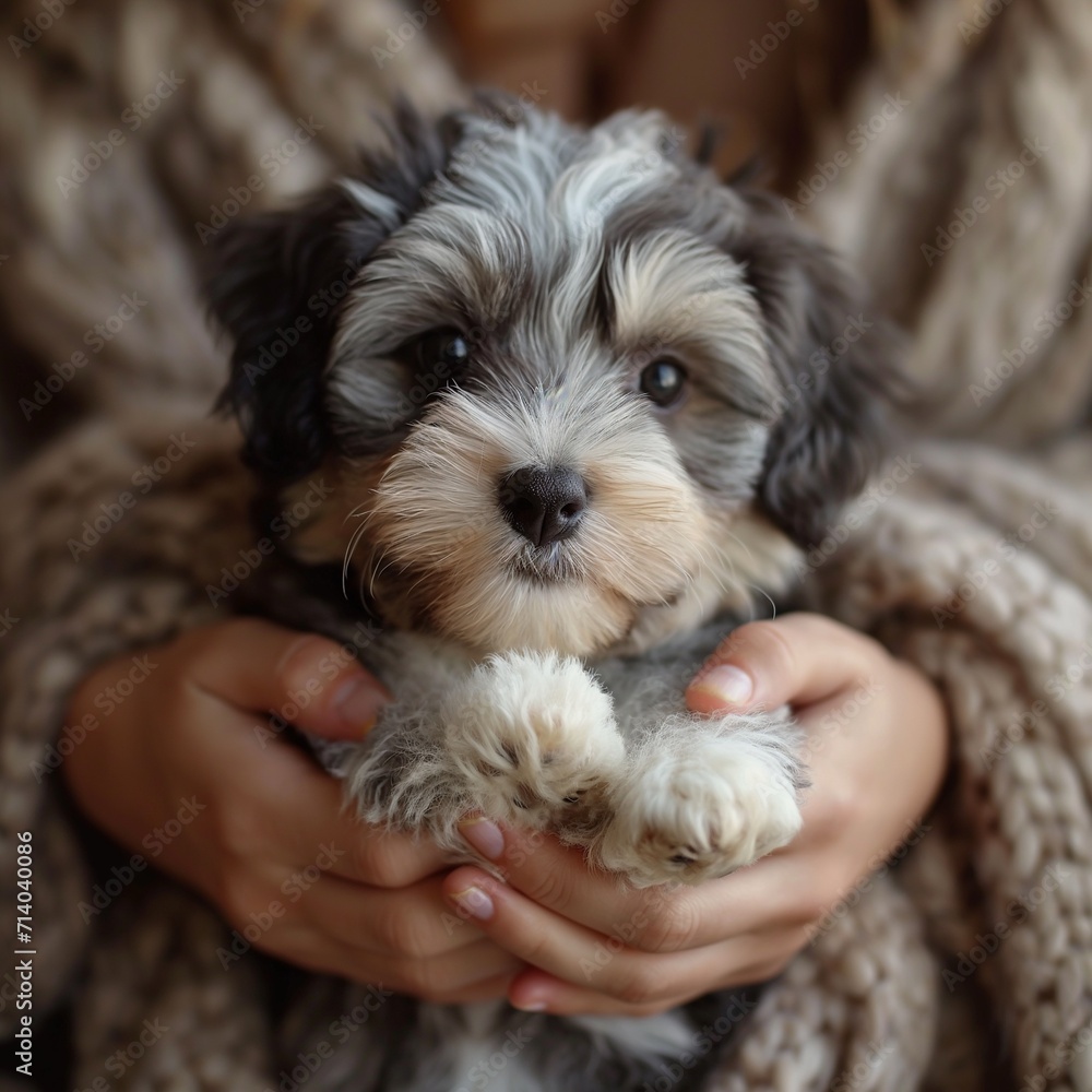 sweet puppy of a sheepadoodle in human hands in cozy sweter