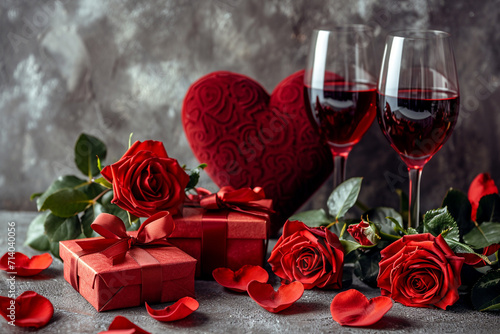 A captivating Valentine s Day tableau unfolds  a large red heart  adorned gift boxes  a lavish bunch of roses  and two wine glasses  meticulously arranged for a romantic celebration.