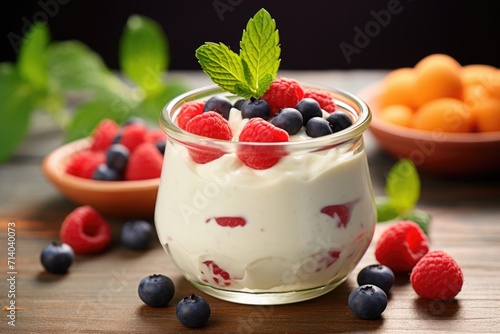Healthy Breakfast Idea: Fresh Fruit Yogurt with Berries and Peaches - Perfect Dairy Dessert