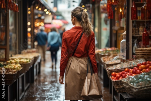 A woman stands among the bustling marketplace, surrounded by colorful clothing and local food as she takes in the sights and sounds of the lively trade scene