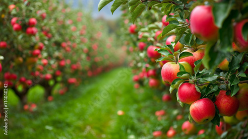 A bountiful apple orchard with trees laden with red and green apples.