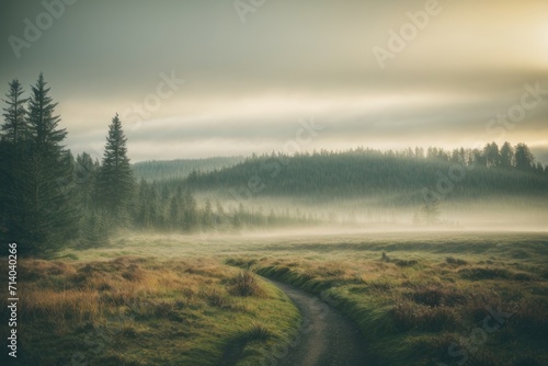 Misty pine fir forest mountain landscape beautiful cloudy morning view vintage retro style generative ai