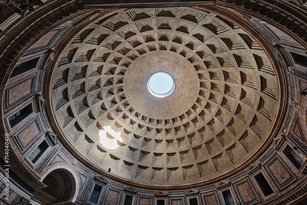  Interior view of the magnificent ancient Roman temple Pantheon and it's concrete dome, Rome, Italy