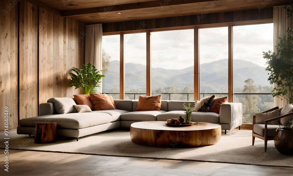 Modern, very cozy living room with lots of wood, a huge smoothly planed tree trunk table, elegant wooden floor, and a spectacular wood-paneled wall, great view, very comfortable