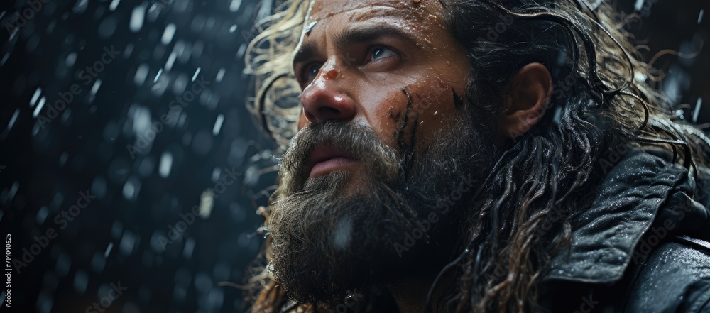 A rugged man with a wet beard and piercing gaze gazes upwards, his stoic expression betraying a hint of longing and determination A rugged man with a wet beard and piercing gaze gazes upwards, his stoic expression betraying a hint of longing and determination