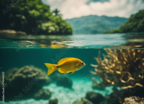 Water level split view of tropical island and fish swimming underwater