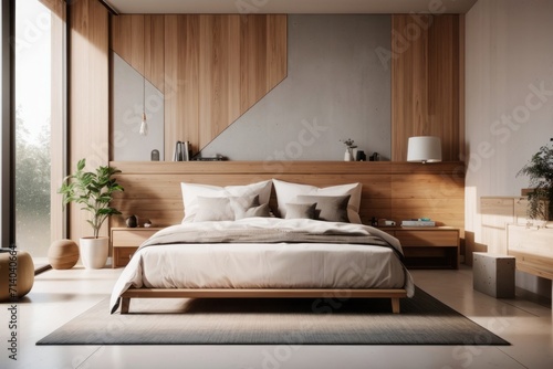 Interior home design of modern bedroom with wooden bed, soft mattress, concrete and wooden panel wall near the window