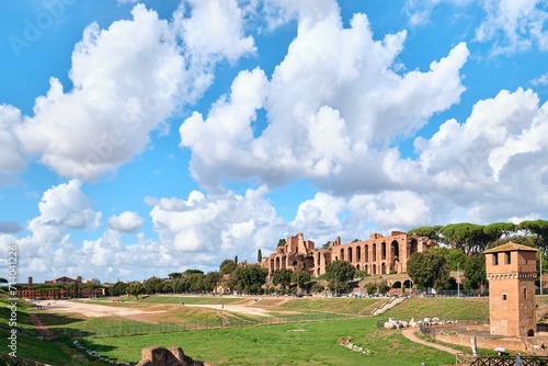 View of the Palatine Hill, centre of Roman Empire in Ancient Rome from across the Circus Maximus a large Roman stadium, Rome, Italy photo