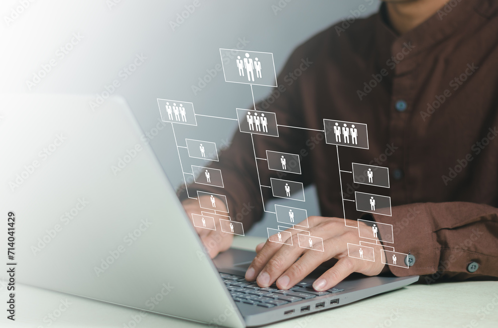 Business hierarchy structure. Business process and workflow automation with flowchart. Virtual screen Mindmap or Organigram.Relations of order or subordination between members.. Business hierarchy structure. Business process and workflow automation with flowchart. Virtual screen Mindmap or Organigram.Relations of order or subordination between members..