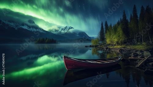 View of night sky with multicolored aurora borealis and mountain peak background. Night glows in vibrant aurora reflection on the lake with forest. 