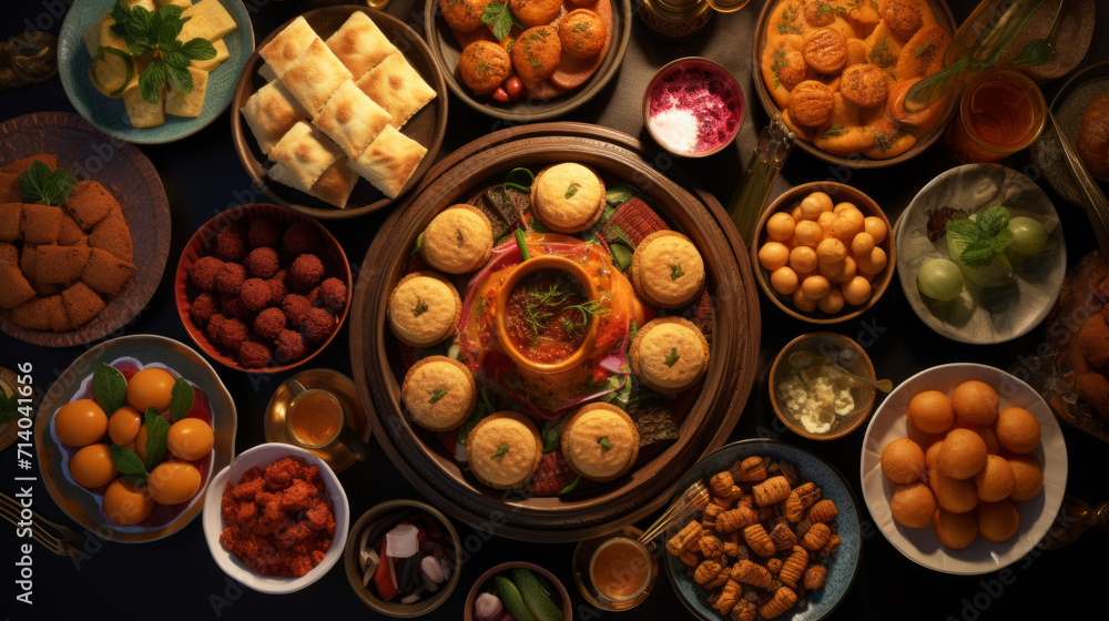 A colorful spread of traditional Ramadan food, including dates, kebabs, and samosas A colorful spread of traditional Ramadan food, including dates, kebabs, and samosas