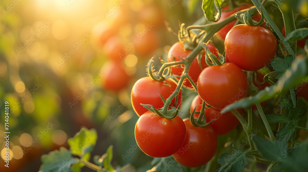 Tomatoes on the vine, illuminated by the soft glow of morning light.