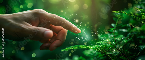 Human hand touching the green natural plants. particle lights with hand's finger, green environment bokeh background, Human nature connection photo
