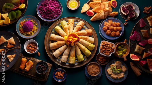 A colorful spread of sweet and savory Ramadan treats, including Baklava, Kueh Lapis, and Maamoul, perfect for satisfying those post-fast cravings