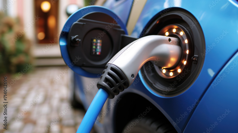 Electric car charging. EV charging station for electric car in concept of green energy and eco power Electric car charging. EV charging station for electric car in concept of green energy and eco power