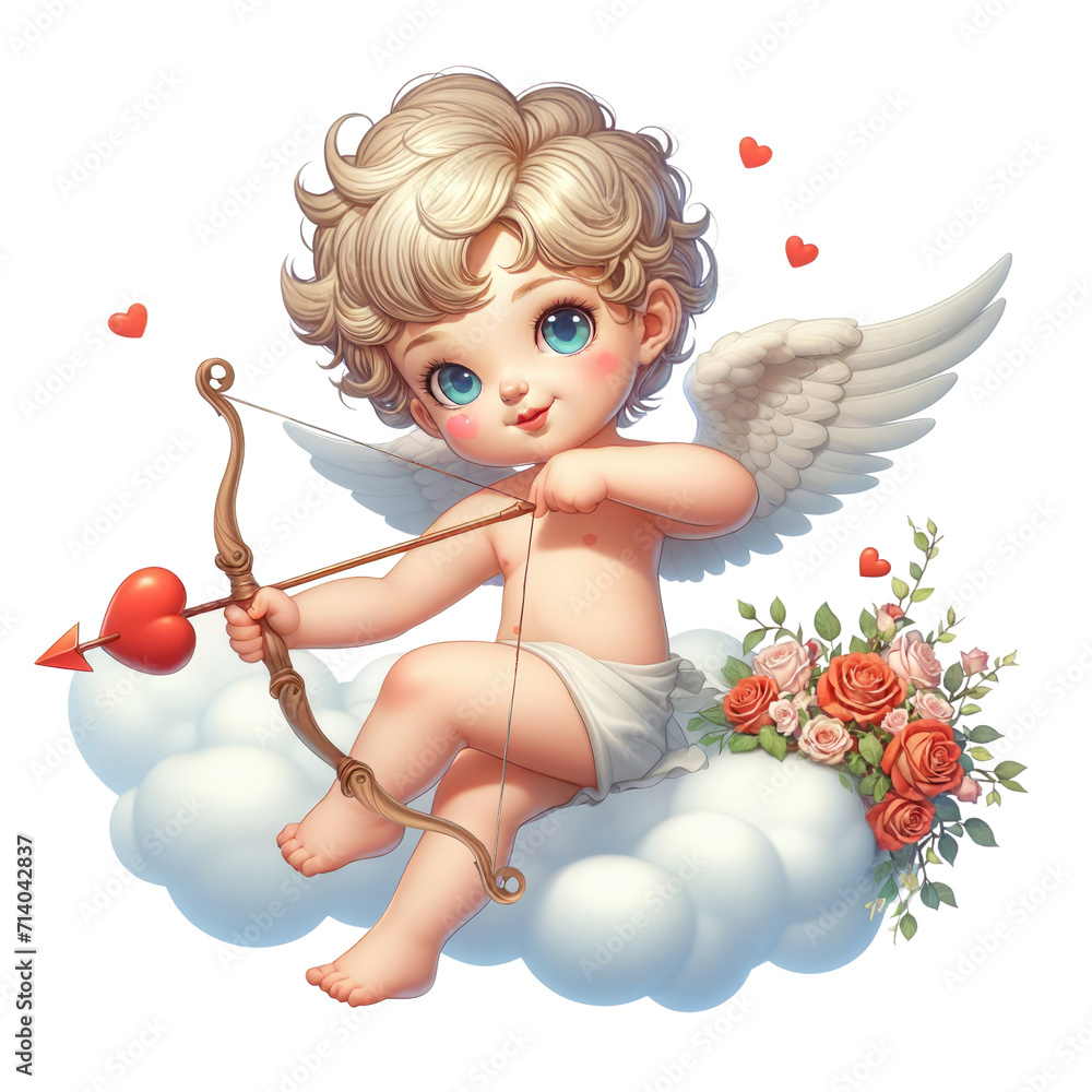 A Cute cupid sits on a cloud, clutching a heart-tipped arrow, next to a bouquet of blooming roses, isolated on transparent.