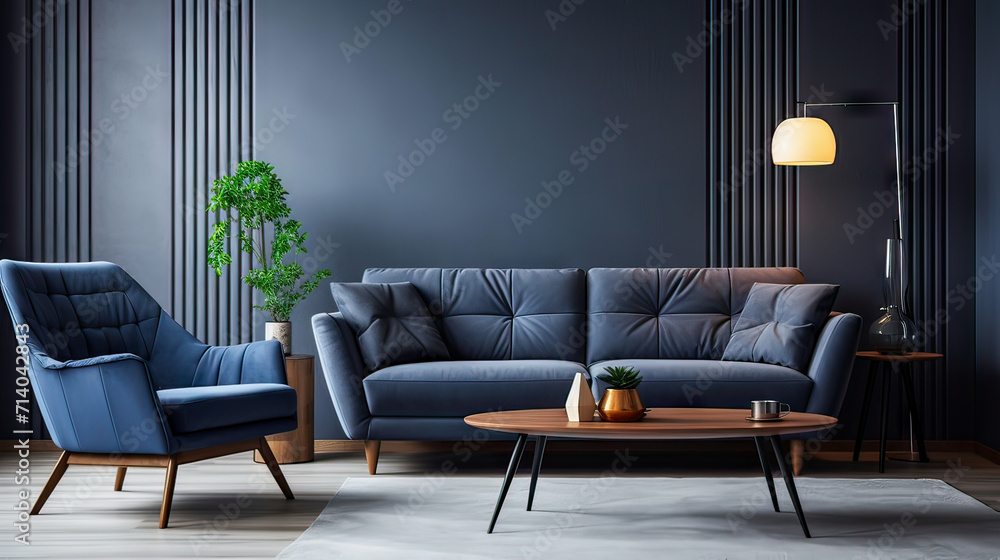 Interior of living room with comfortable sofa, floor lamp and table with flowers near blue wall Interior of living room with comfortable sofa, floor lamp and table with flowers near blue wall